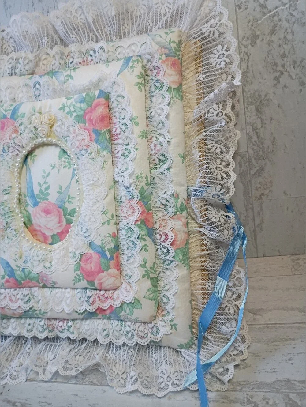 Vintage Album Hand Made Floral Lace Cottagecore Romantic  in Cream, Pink & Blue